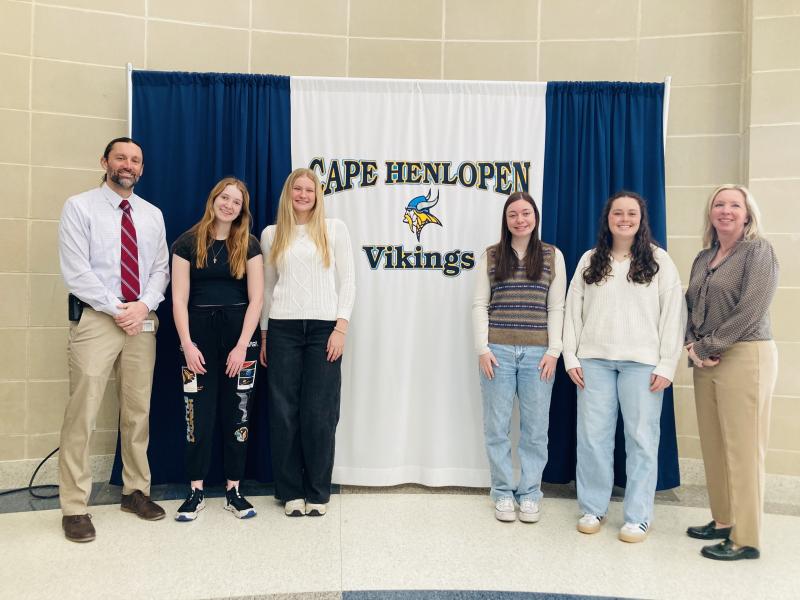 Shown (l-r) are Cape Henlopen High School Assistant Principal Josh Chubb; Secretary of Education Scholars Kathryn Costello, Jenna Reinhold, Anna Beck and Darcy Crotty; and Cape Henlopen High School Principal Kristin DeGregory. SUBMITTED PHOTO